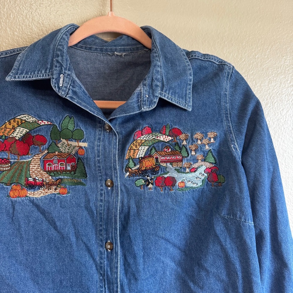 Granola Girl Embroidered Denim Shirt with Scenic Design